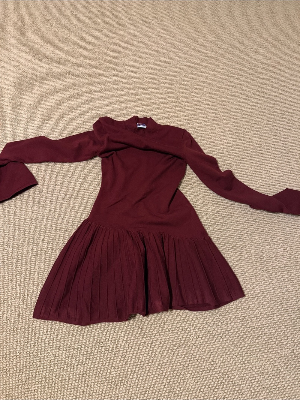 Meshki Burgundy Long Sleeve Pleated Hem Mini Dress